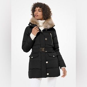 Michael Kors belted puffer coat with faux fur